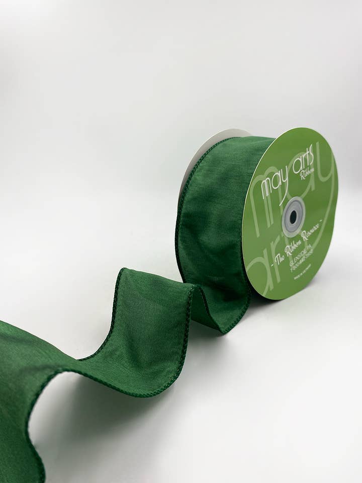 2.5″ Wired Green Faux Dupioni Silk Ribbon for wholesale by May Arts Ribbon