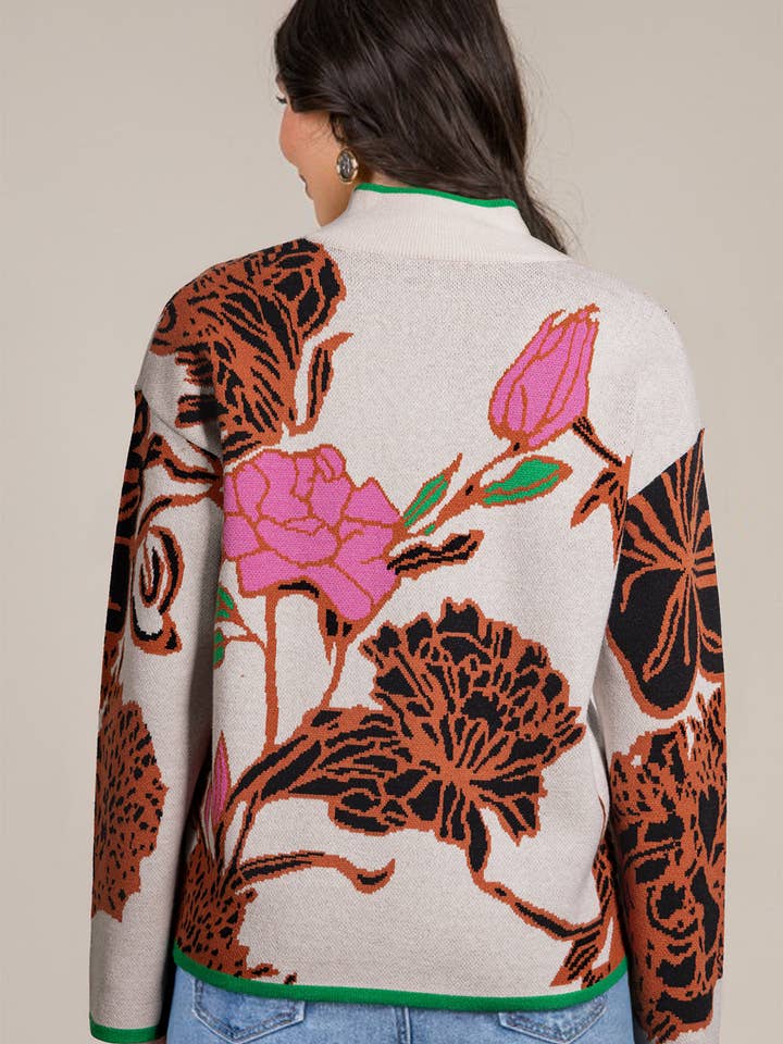 Khaki Floral Pattern Knit Quarter Zip Stand Neck Sweater for wholesale on Faire1