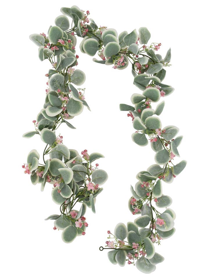 70" Eucalyptus, Baby's Breath & Pink Flower Garland for wholesale by Tremont Floral Supplies