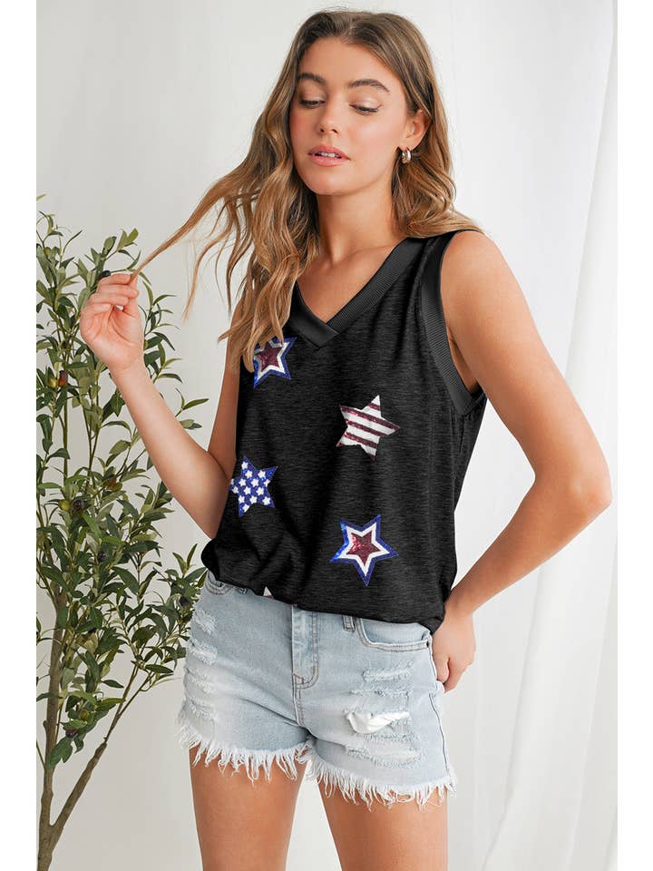 As shown Sequin Star Patch Graphic V Neck Tank Top | S-XL for wholesale on Faire