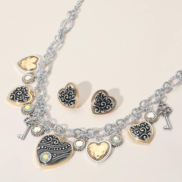 Sensibling Corp. - Wholesale Pendant/Charm Necklace - Two Tone Antique Metal Heart Clover Key Stone Charm Necklace