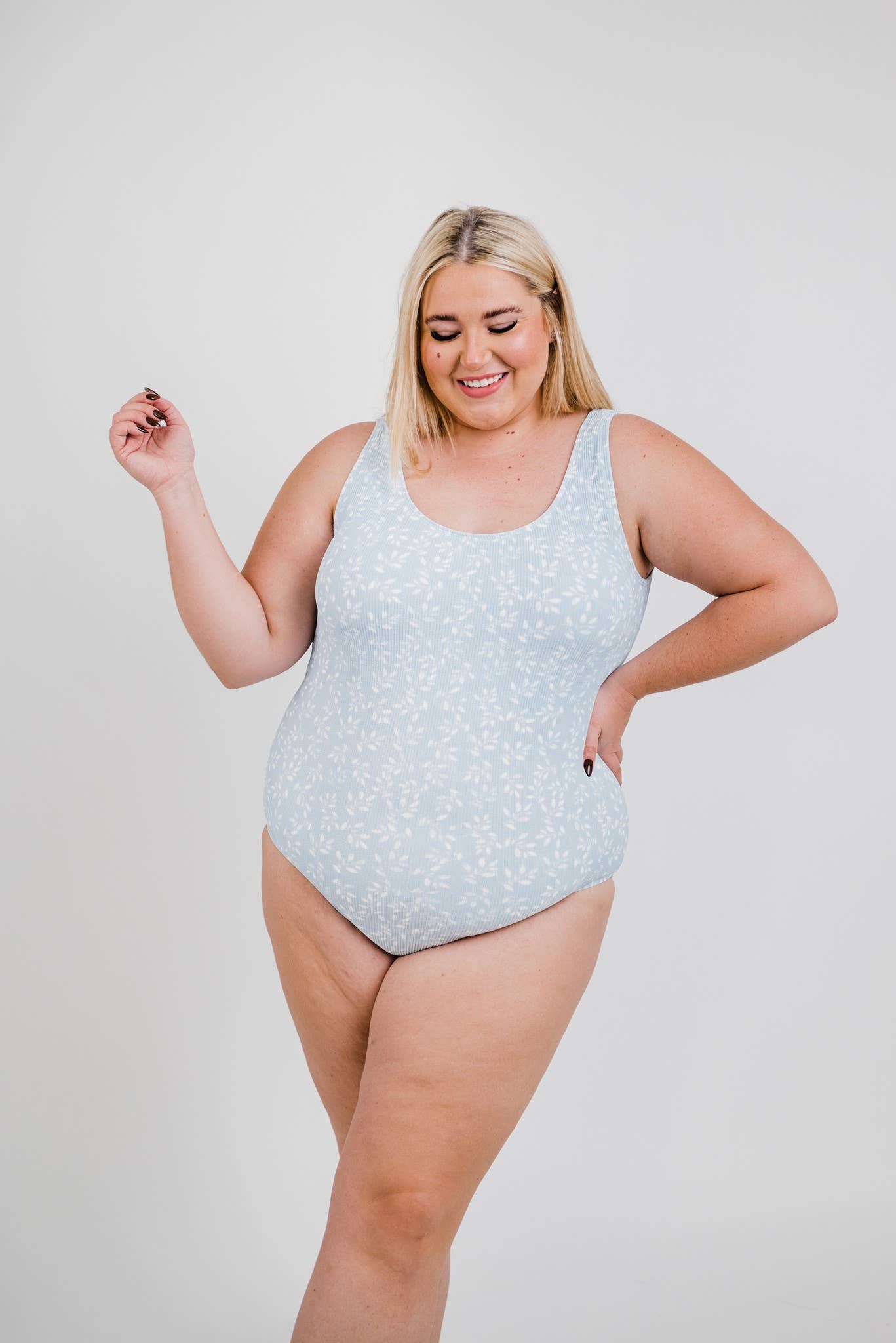 Powder Blue Leaf Print Backless One Piece for wholesale on Faire2