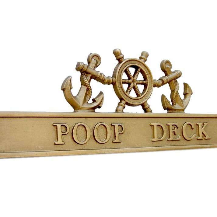 Hampton Ironworks – wholesale Sign – Antique Brass Poop Deck Sign with Ship Wheel and Anchors 12"