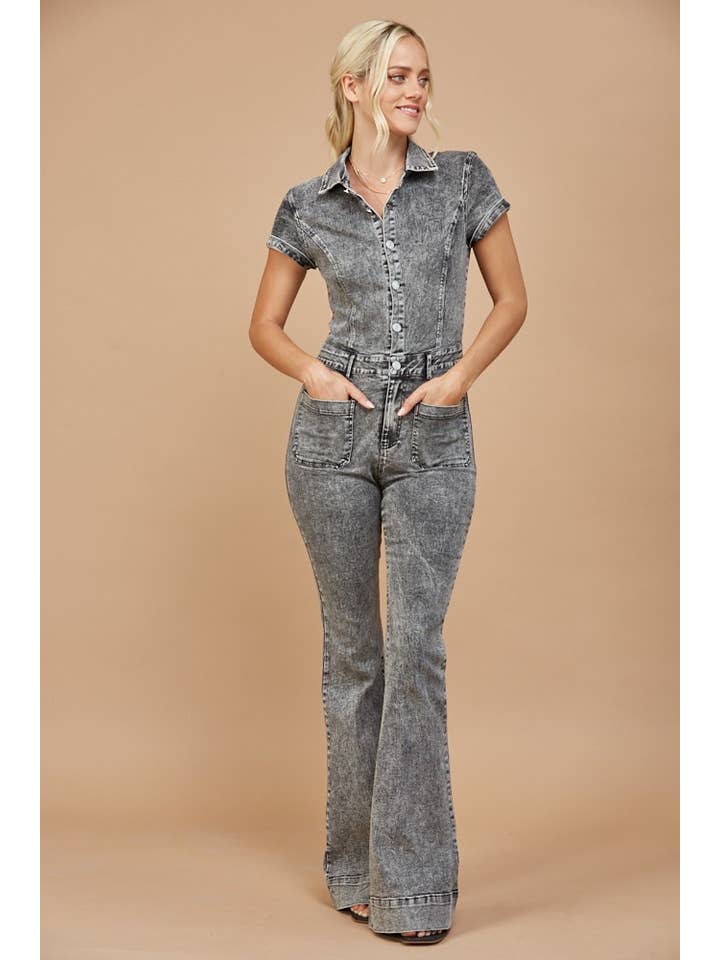 D GREY WESTERN BELLBOTTOM DENIM JUMPSUIT - 4330 DGREY for wholesale on Faire7