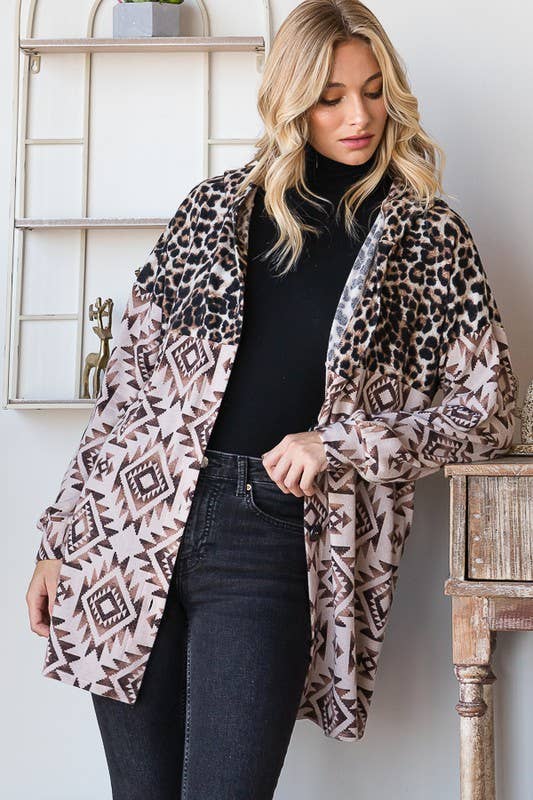BROWN TAUPE EJ6720-15 AZTEC AND ANIMAL LEOPARD BUTTON DOWN SHACKET for wholesale on Faire1