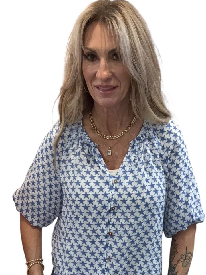 ST814N32H-V - Victoria Blue Stars - Kurzarm-Bluse mit Knopfleiste und V-Ausschnitt A3873 für den Großhandel von K & C Clothing, Inc.