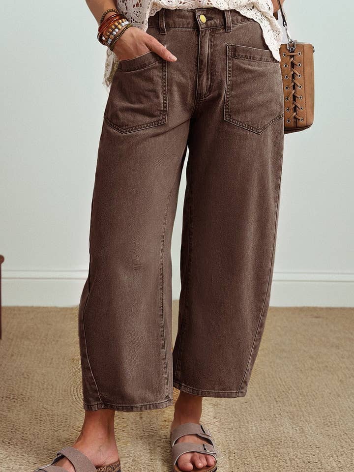 Solid Color Square Patch Pocket Ankle-length Barrel Jeans for wholesale by LA Society