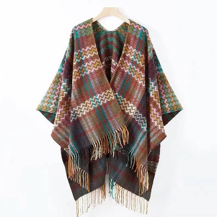 Rosa Clothing - Wholesale Kimono - Women's - Bohemia Western Ethnic plaid tassel kimono Thermal Cape1