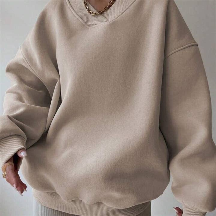 FurDecoration - Wholesale Sweatshirt – Women's - Casual Solid Color V-Neck Long Sleeve Sweatshirt5