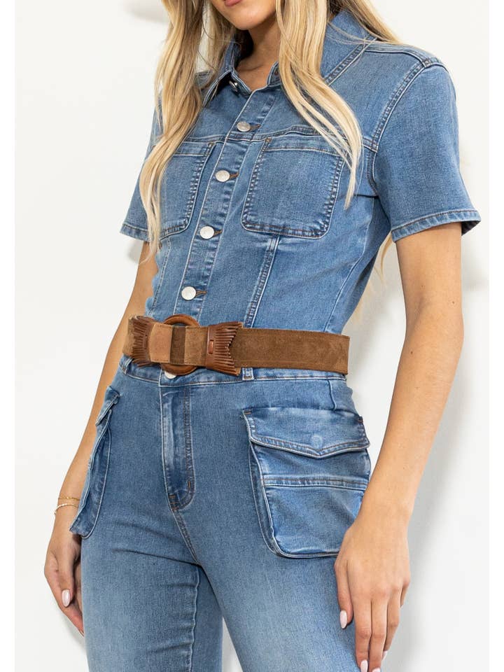 Medium Stone Out Of The Wild Cargo Denim Jumpsuit for wholesale on Faire4