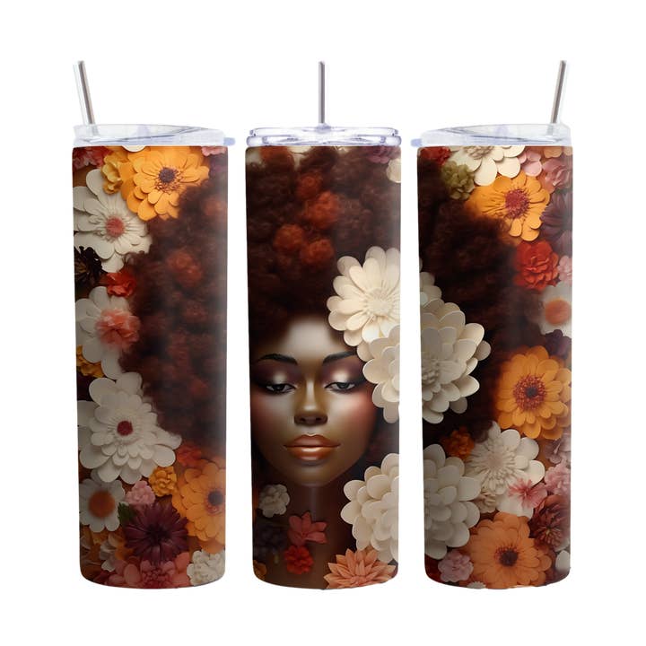 Copo Térmico Afro Queen Floral 20oz, Design de Mulher Negra Bonita, Copo Isolado Único em Aço Inoxidável, Presente Perfeito para Ela por atacado de Inspire Me Positive