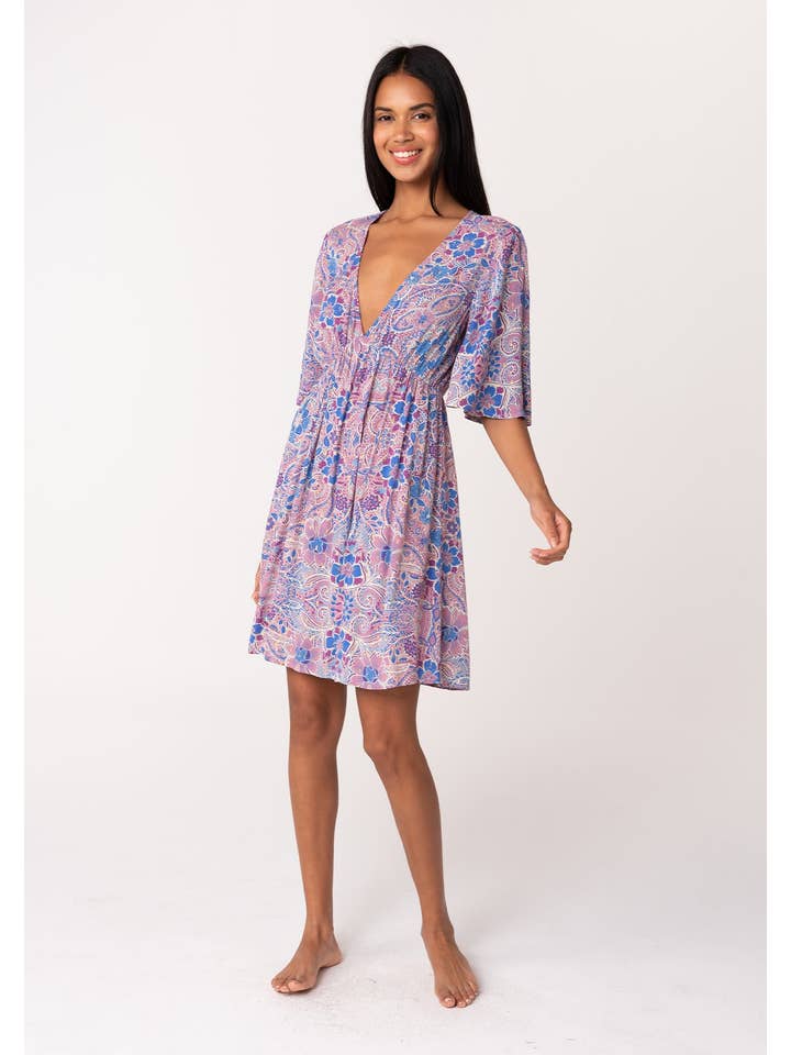 Dusty Rose Blue Lurex Floral Empire Waist Half Sleeve Mini Dress for wholesale on Faire
