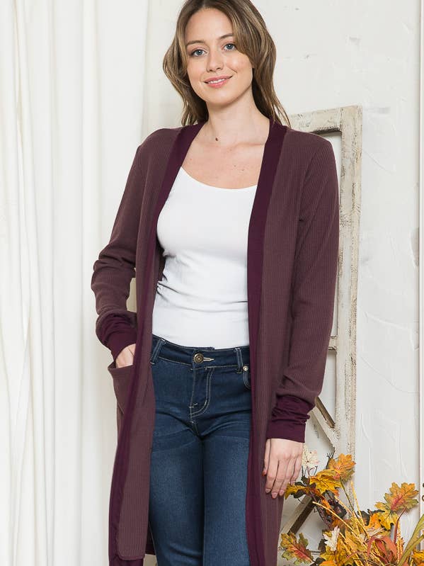 SOLID RIB MIDI OPEN CARDIGAN for wholesale by Burgundy Apparel