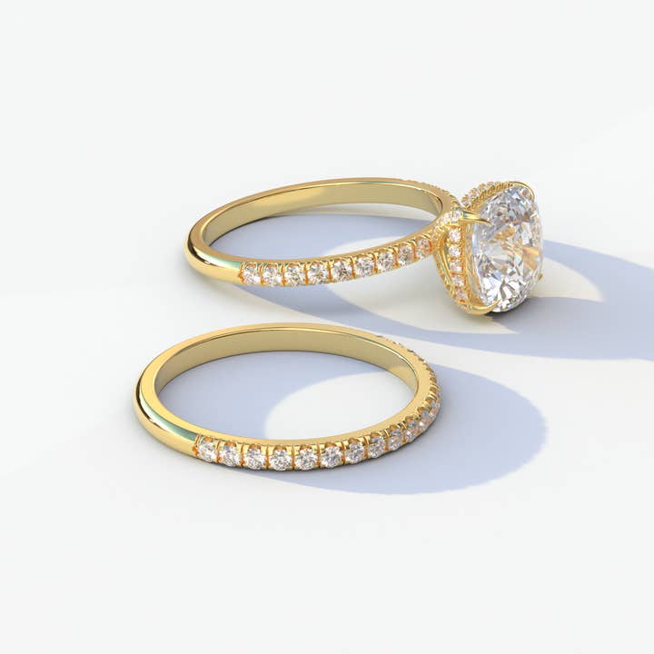 Mohana Jewels - Luxury - Wholesale Engagement Ring - 2 Carat E VVS Cushion Cut Hidden Halo & Pave Diamond Ring Set - Rebecca11
