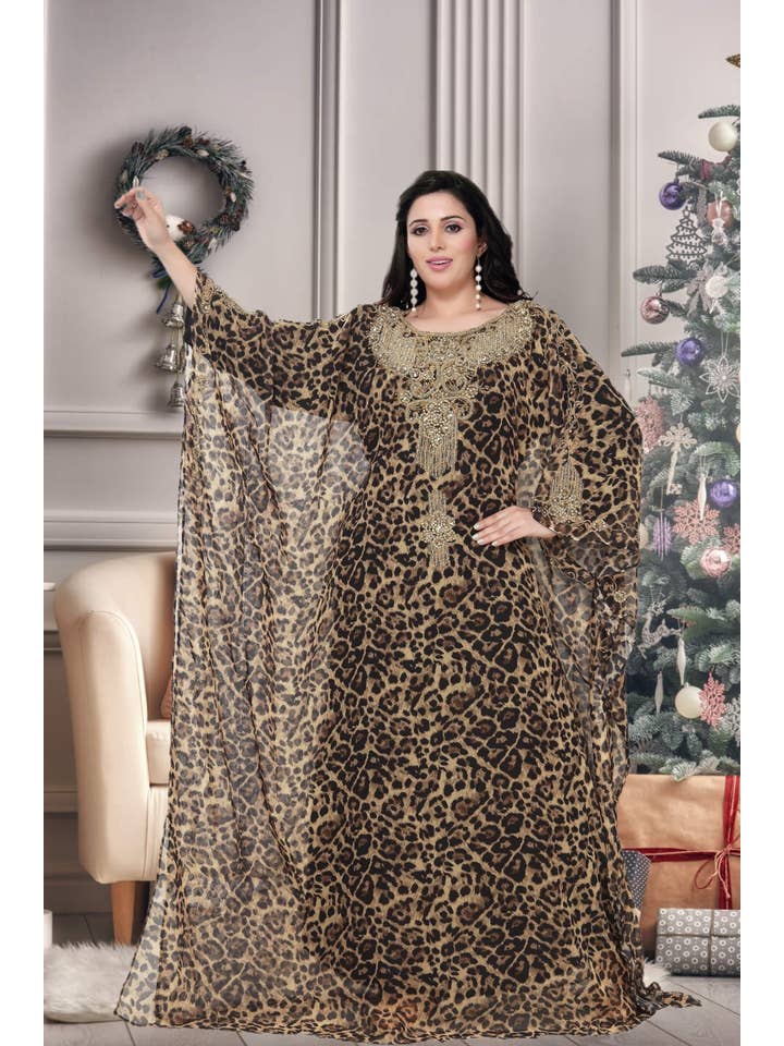 As Pictured Women's Luxurious Chiffon Caftan Beaded Leopard Kaftan for wholesale on Faire