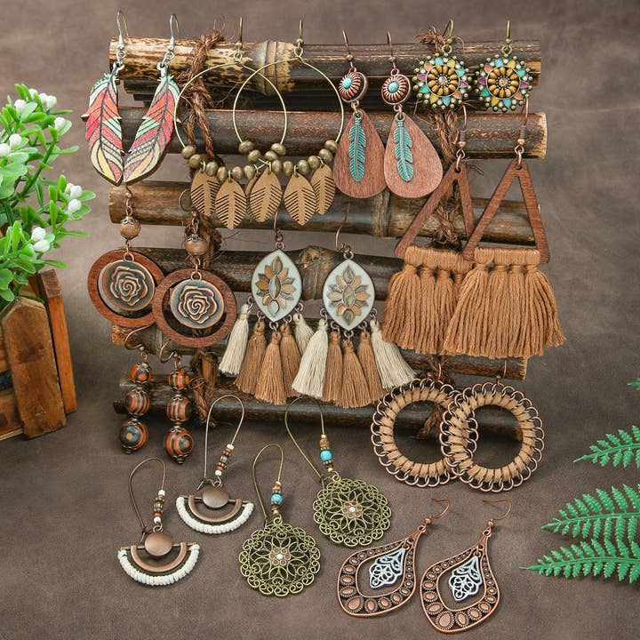 Bohemian Leaf Tassel Earrings Metal Leather Drop Dangle for wholesale by Halcyon Outfitters®