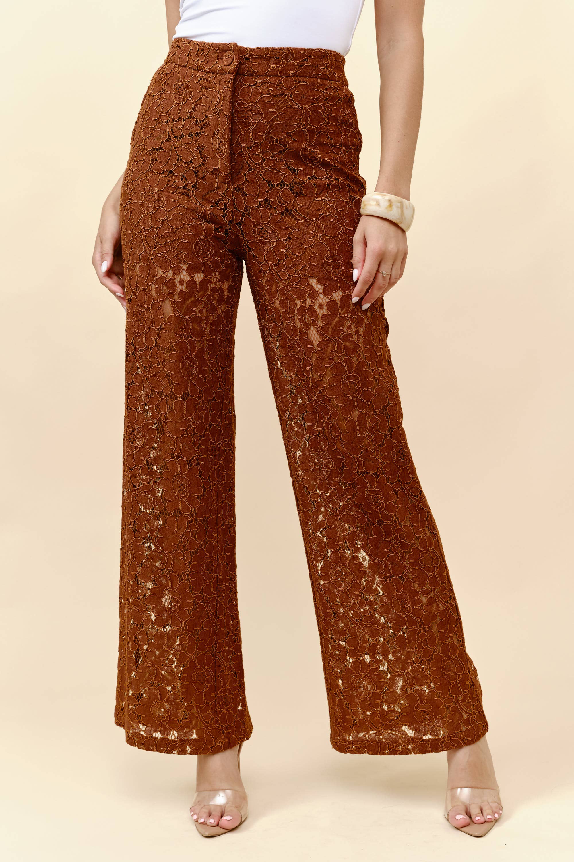 Brown High waist wide leg lace trousers for wholesale on Faire0