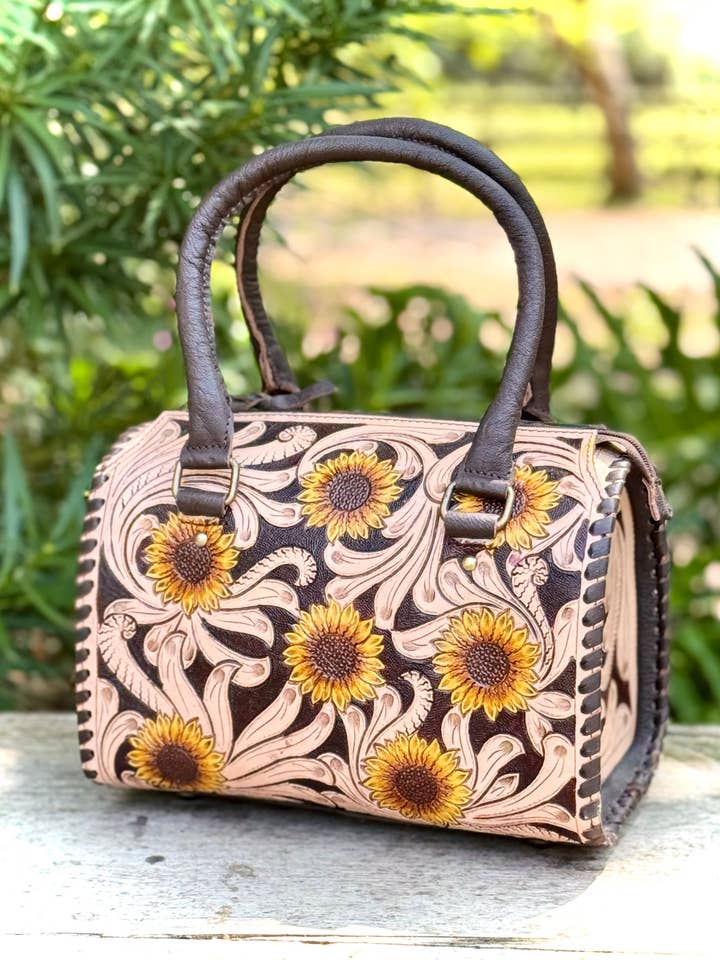 Hand Tooled Leather Sunflower Speedy Bag Western for wholesale by Southern Junkie Gypsy Boutique