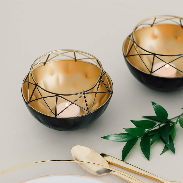 Weddingstar Inc. - Wholesale Candle holder - Short Round Geo Metal Candle Holder - Black With Gold3