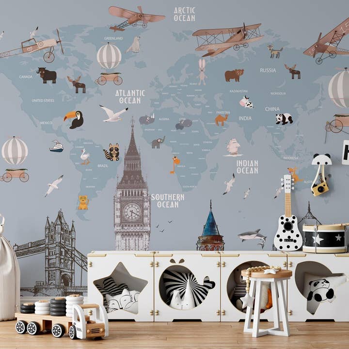 GK Home Decor - Wholesale Wallpaper - Architectural Structures Funny World Map Removable Wallpaper