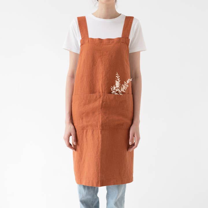 Baked Clay Linen Japanese Crossback Apron for wholesale by Linen Tales (We cover U.S. import duties)