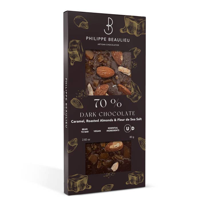 Philippe Beaulieu Artisan Chocolatier - Wholesale Chocolate Bar - Chocolate Bar - 70% Dark Roasted Almonds & Caramel, and Salt1