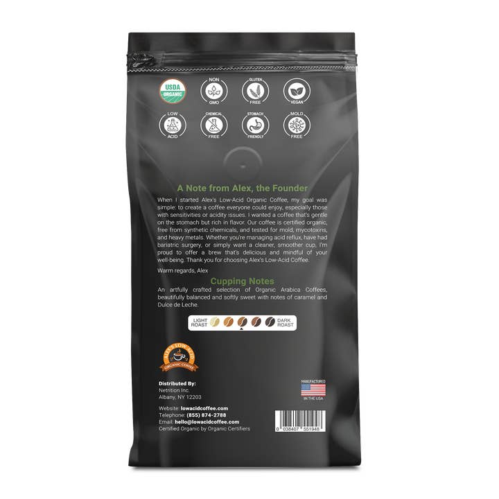 Alex's Low-Acid Organic Coffee - Wholesale Coffee Beans - Alex's Low Acid Organic Coffee - Rise & Shine Bean (12oz)1