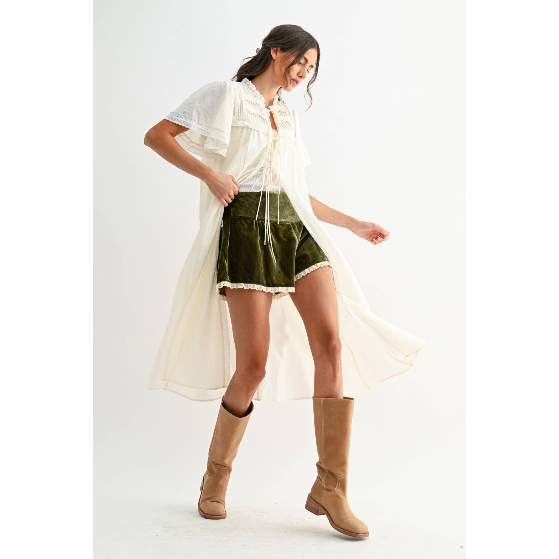 MOSS GREEN VELVET HIGH-WAIST LACE TRIM SHORTS for wholesale on Faire9