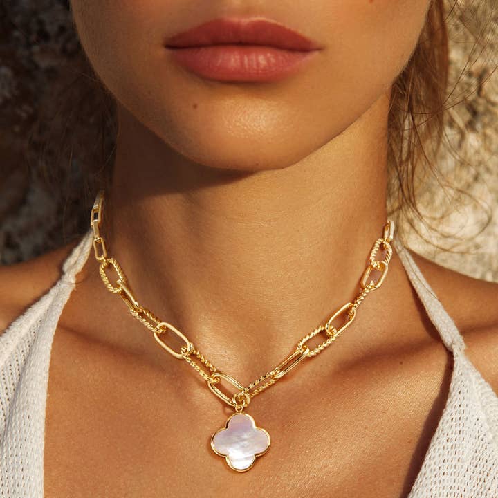 Sensibling Corp. - Wholesale Pendant/Charm Necklace - Gold Dipped Mother of Pearl Quatrefoil Pendant Necklace