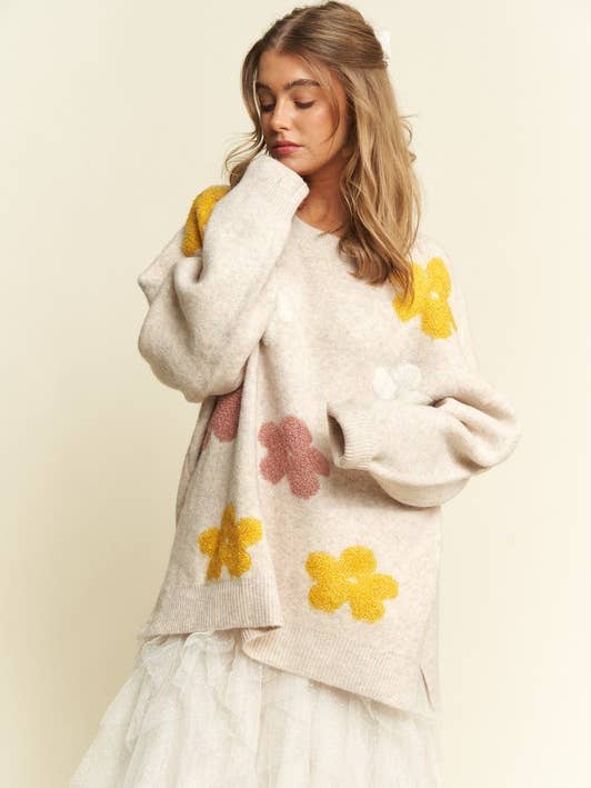 JADE BY JANE - Vente Pull en maille – femme - PULL SURDIMENSIONNÉ À MANCHES LONGUES EN TRICOT À MOTIF FLORAL5