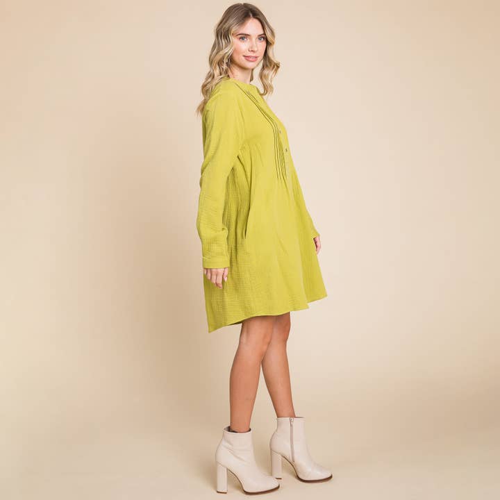 ROLYPOLY - Wholesale Dress - Women's - Long Sleeve Double Gauze Henley Tunic Cotton Dress19