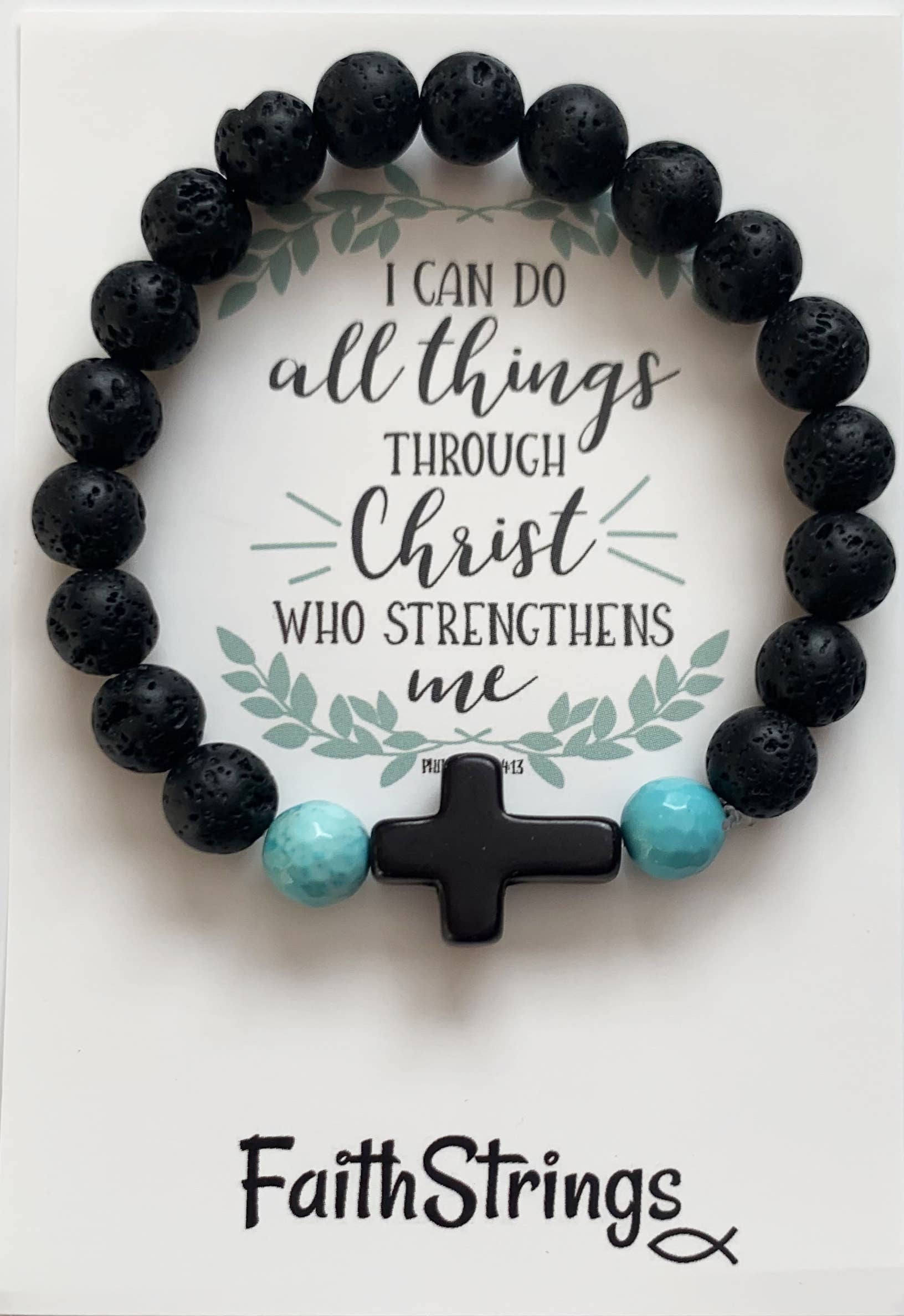 Faithstrings – wholesale Beaded bracelet – Christian Gift Cross Lava Bead Bracelet Black Turquoise 2