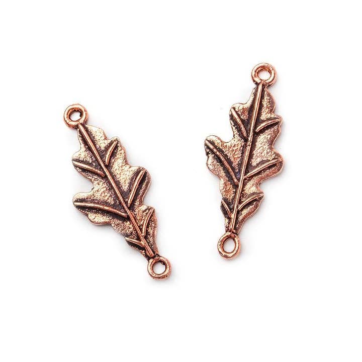 27x11mm Antiqued Copper Oak Leaf 2 Ring Connector Charm Set of 2 for wholesale by Beads of Cambay
