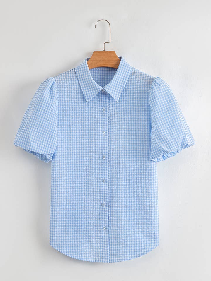 Blue Gingham Short Puff Sleeve Button Up Shirt for wholesale on Faire0