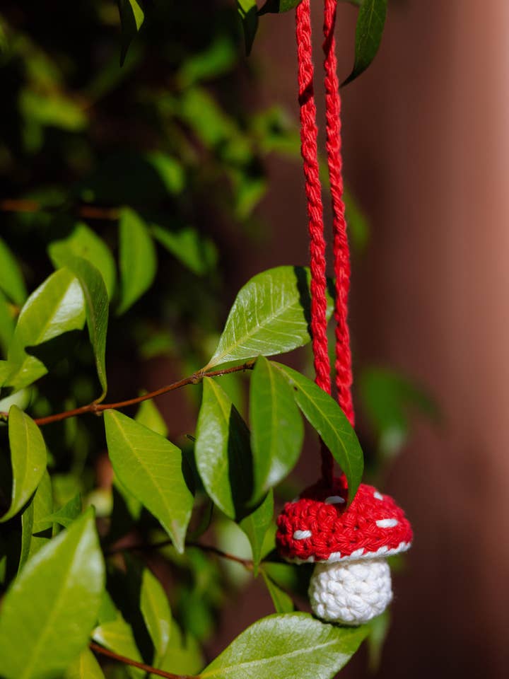 Handmade Crochet Mushroom Car Charm - Hanging Decor for wholesale by Wander Free and Queer