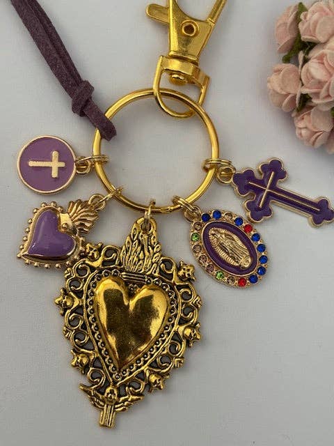 Miss DJ Angel - Wholesale Sleutelhanger - Dames - Sleutelhanger met heilig hart en kruis, cadeau voor mama ex-voto, mirakelmedaille bedel, paarse sleutelhanger2