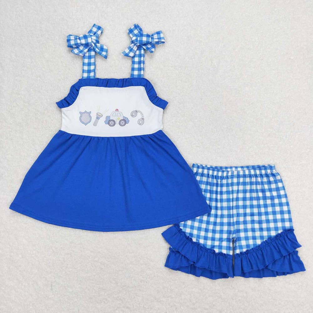 Aier Wholesale - Wholesale Top & Short Set - Kids - Baby Girls Police Blue Straps Tunic Ruffle Shorts Outfits Clothes Sets0