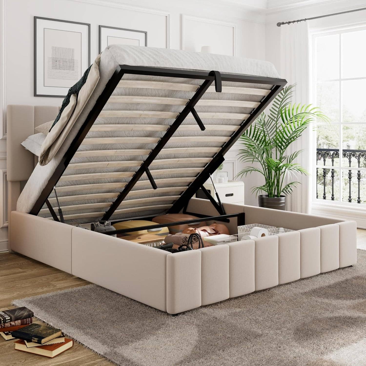 Queen Size Beige Gas Lift Platform Bed With Storage for wholesale on Faire3