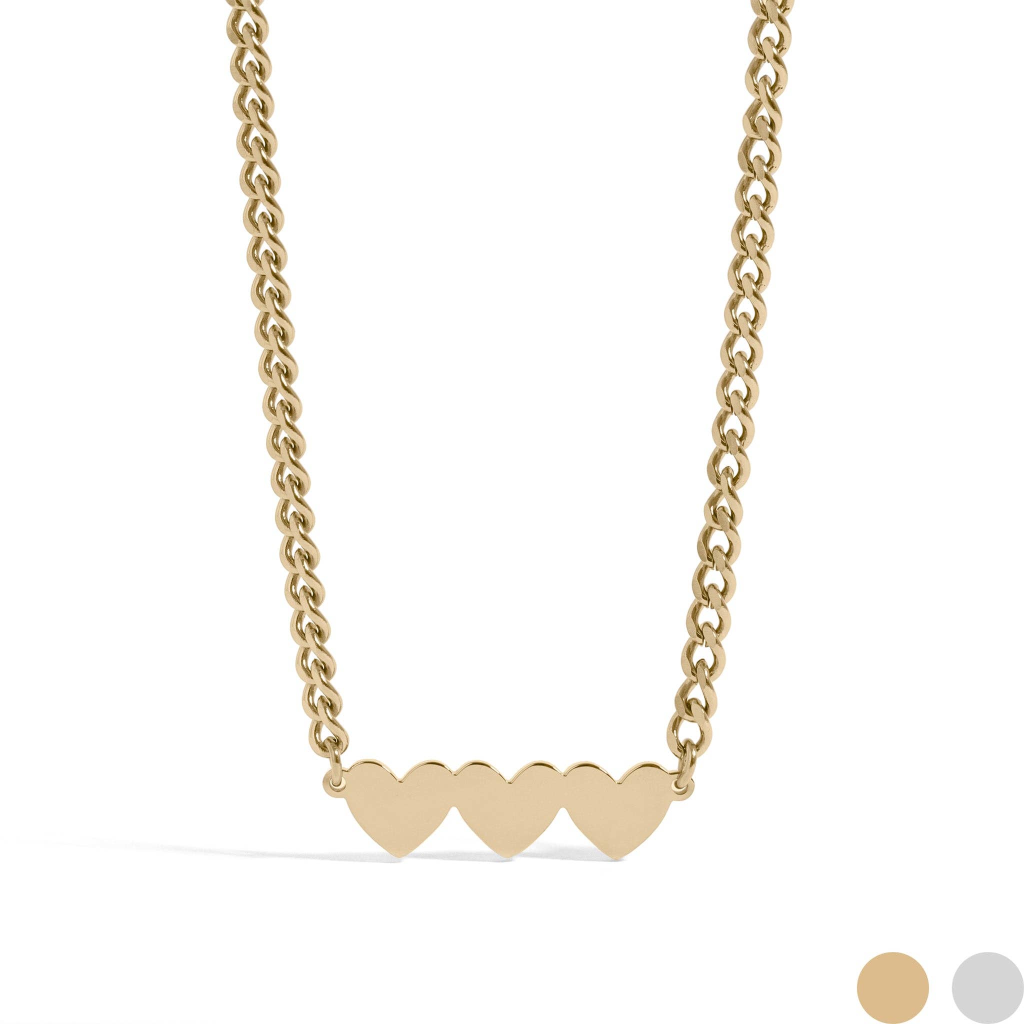 WJW - Wholesale Pendant/Charm Necklace - 18K Gold PVD Stainless Steel Engravable 3 Hearts on Curb Chain Necklace1
