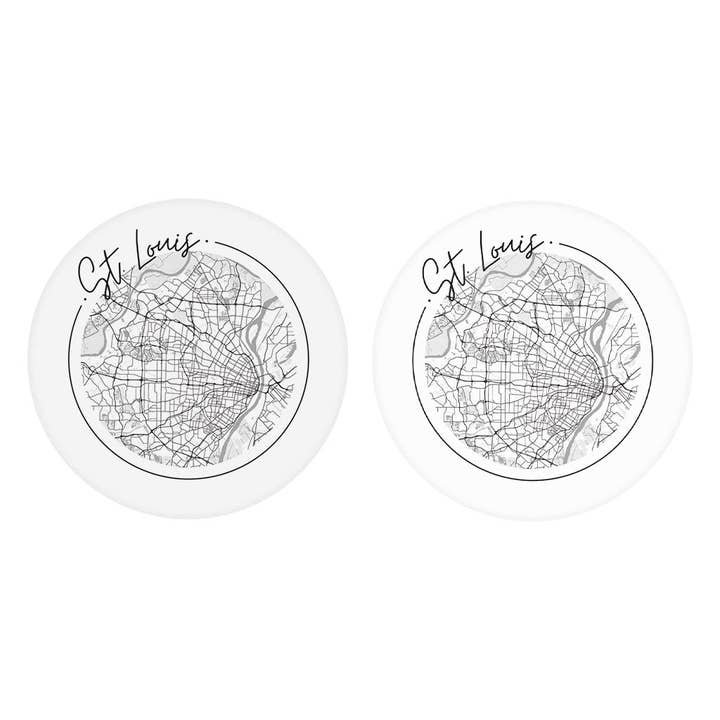 Minimalist B&W Missouri St Louis Circle Map | Absorbent Car Coasters | Set of 2 | Min 4 for wholesale by Love Local
