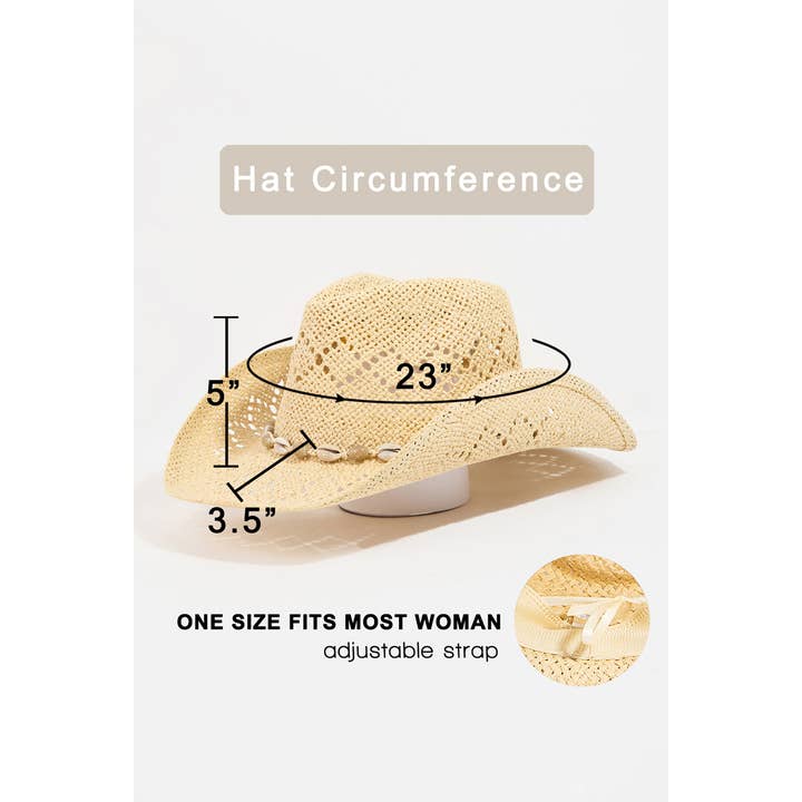 Collections by Fame Accessories - Wholesale Fedora - Women's - Cowrie Shell Straw Braided Cowboy Hat