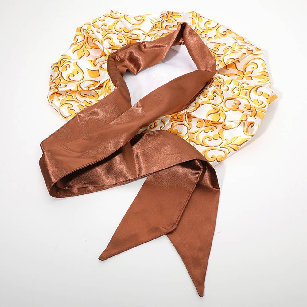 Sensibling Corp. – wholesale Sleep cap / bonnet – women's – Yellow Crest Print Adjustable Hair Bonnet2