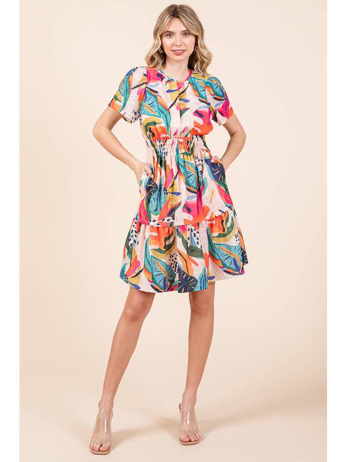 FUCHSIA COMBO SS NEW - Abstract Print Mid Smock Short Sleeve Dress for wholesale on Faire