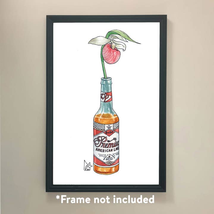 Minnesota Pink and White Lady's Slipper in beer Art Print for wholesale by Lee McGuire Art