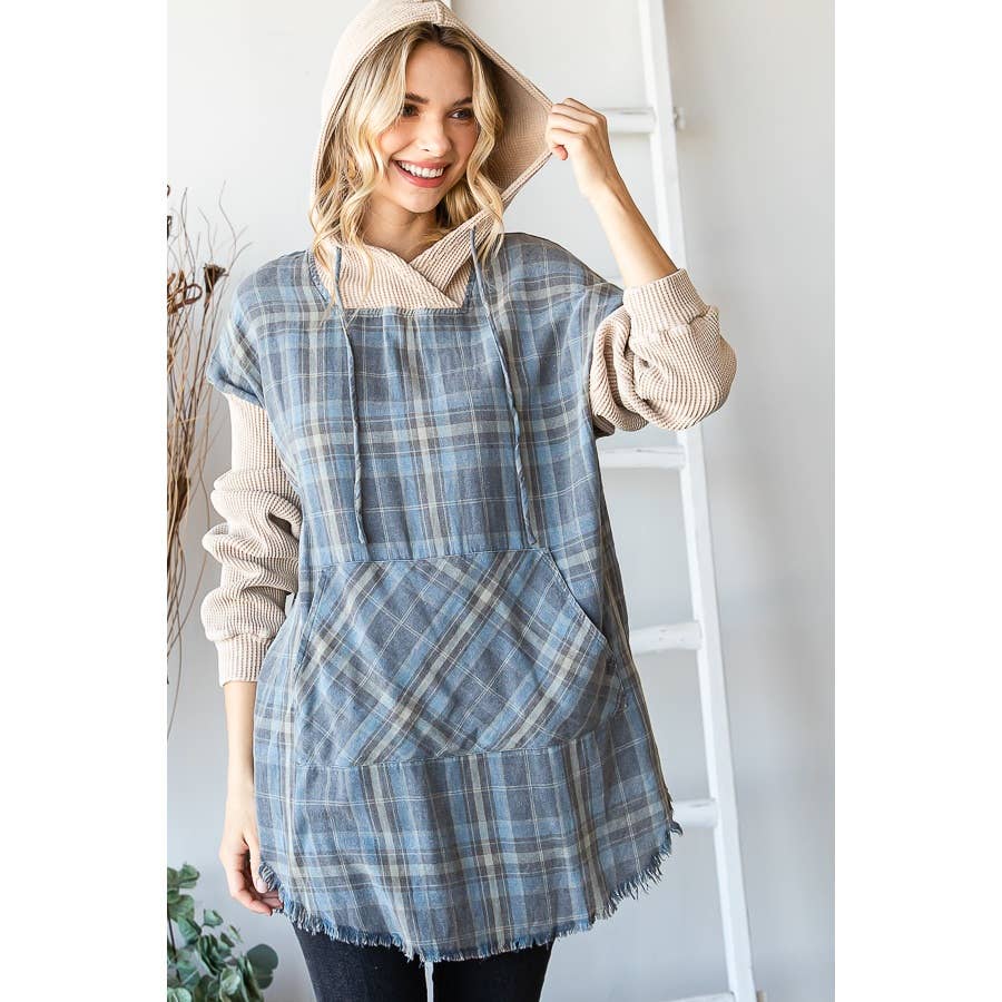 Oli&Hali - Vente Sweat à capuche – femme - PULL À CAPUCHE À CARREAUX DÉLAVÉ AVEC OURLET BRUT ET MANCHES LONGUES11