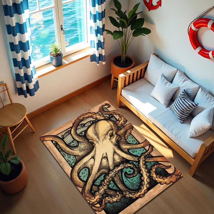 Rugendary Trade LLC - Wholesale Area Rug - Octopus Print Nautical Rug: Coastal Decor, Sea Life Carpet1