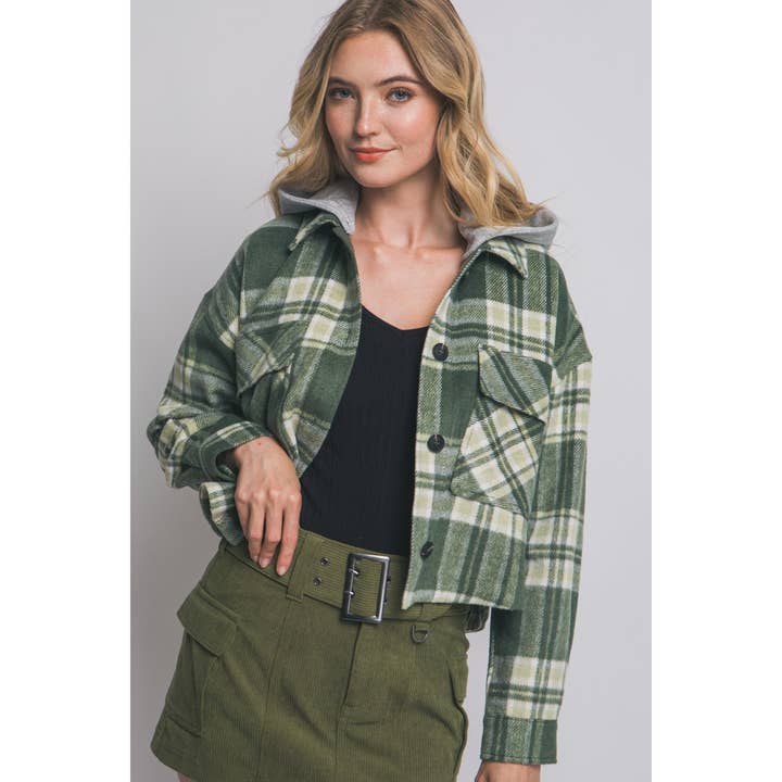 Detachable Hood Plaid Shacket Shirt Jacket for wholesale by Timeless