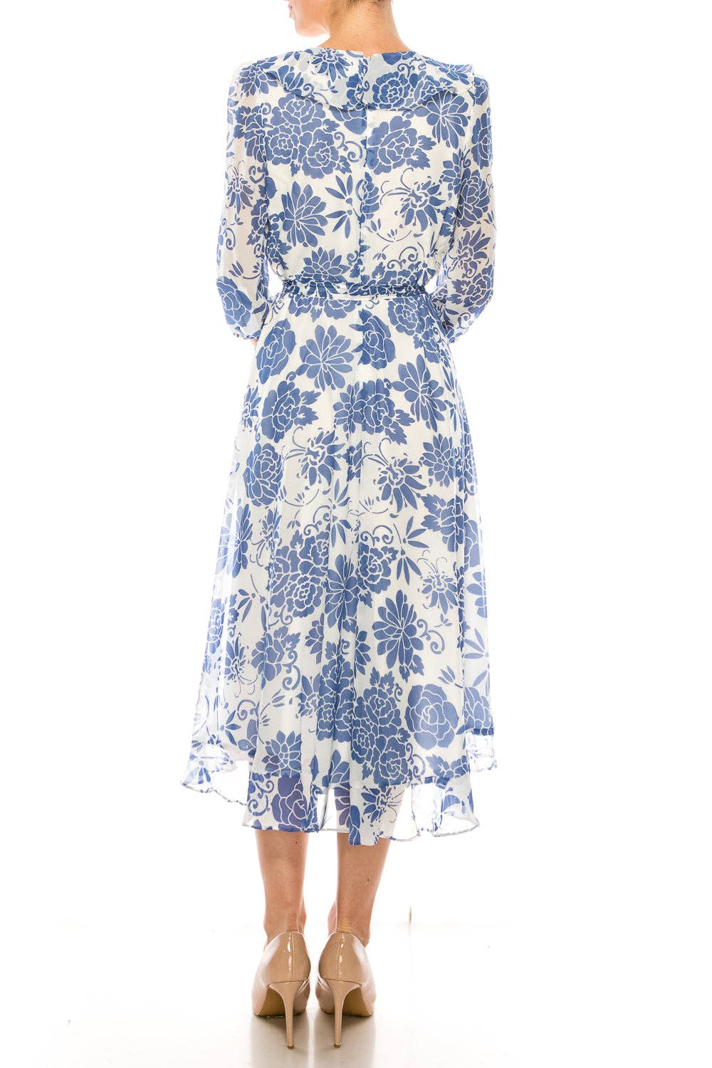 Maison Tara Ivory Slate Floral 3/4 Sleeve Wrap Style Midi Dress for wholesale on Faire0