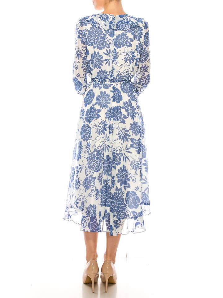 Maison Tara Ivory Slate Floral 3/4 Sleeve Wrap Style Midi Dress for wholesale on Faire