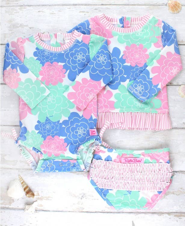 RuffleButts + RuggedButts - Wholesale Rashguard - Kids - Girls Pastel Petals Long Sleeve Rash Guard 2-Piece Swimsuit with Signature Rear Ruffles8